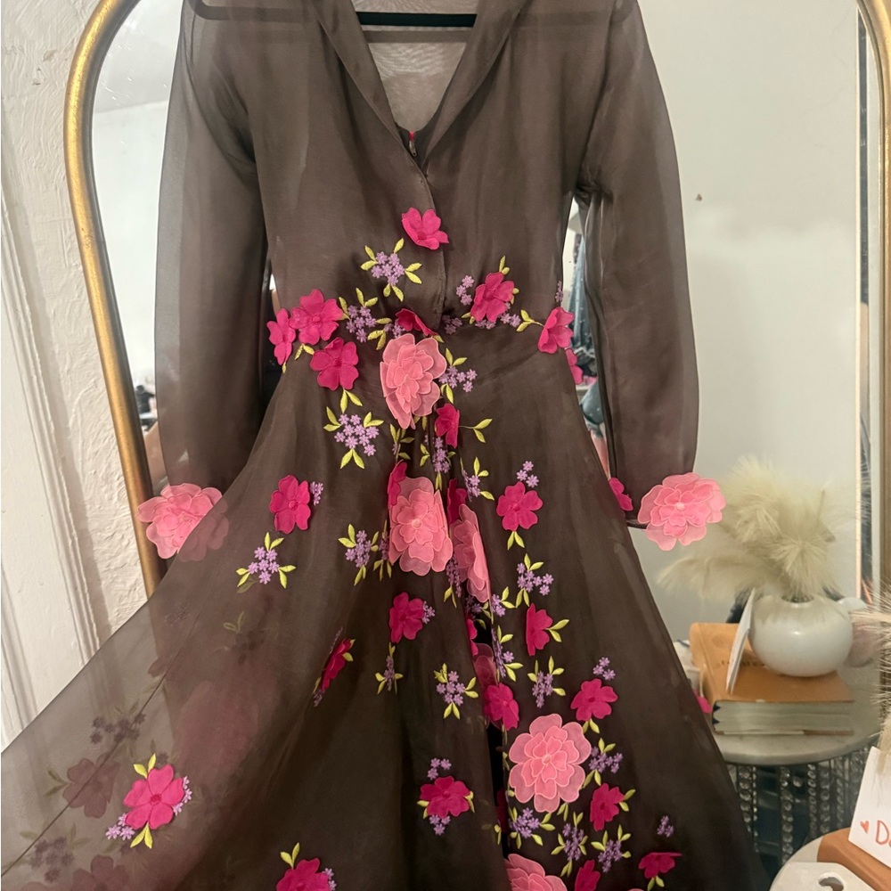 Vintage 70s Stavropoulos Sheer Floral Appliqué Maxi Dress Boho Romantic - Picture 8 of 16